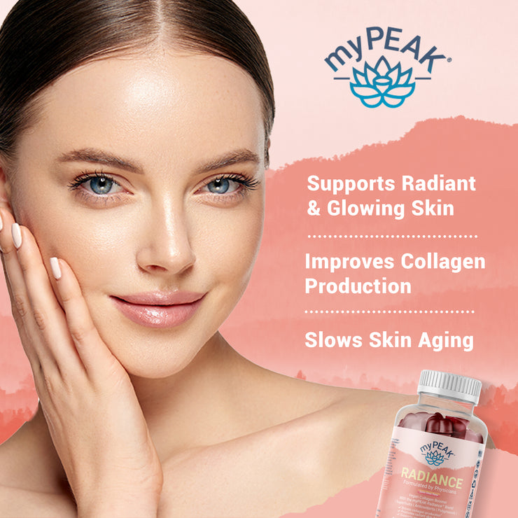 myPEAK Radiance: The Best Vegan Collagen Booster & Superfruits Gummies to Support Glowing Skin, Shining Healthy Hair, Strong Healthy Nails, Collagen Production, Anti-Aging & Skin Elasticity With Amla Fruit, Bamboo Silica, Resveratrol & Collagen Amino Acids Benefits.