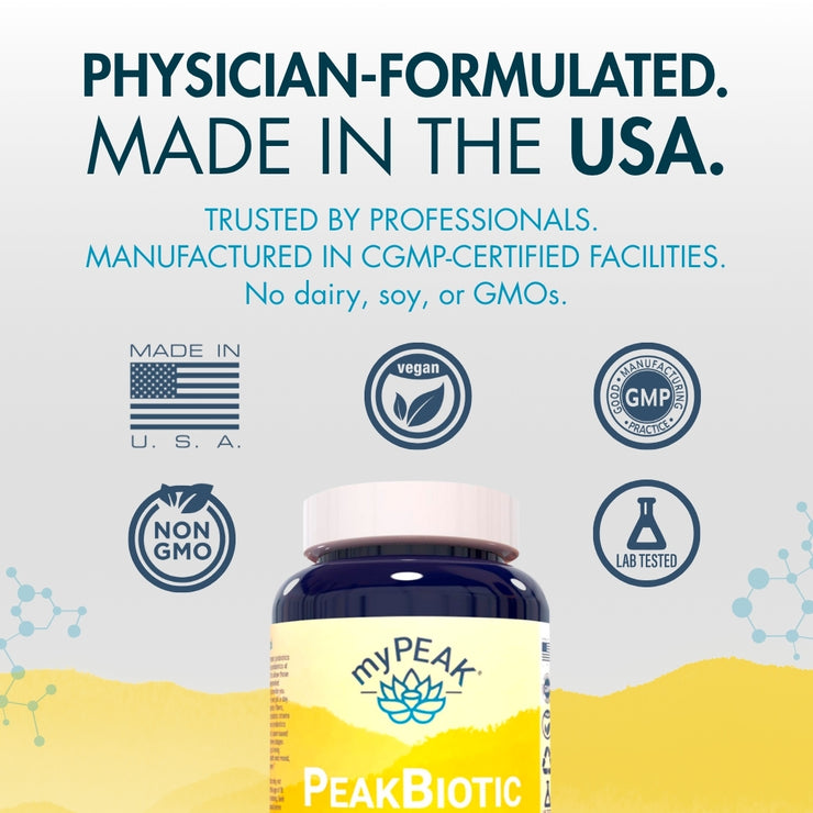 myPEAK PeakBiotic: The Best Vegan Probiotic Prebiotic Supplement for Women and Men to Support Reduced Gas & Bloating, Optimal Gut Health, Mood, Digestion, Immunity, Weight, Skin, Brain Health & Regular Bowel Movements Ingredients.