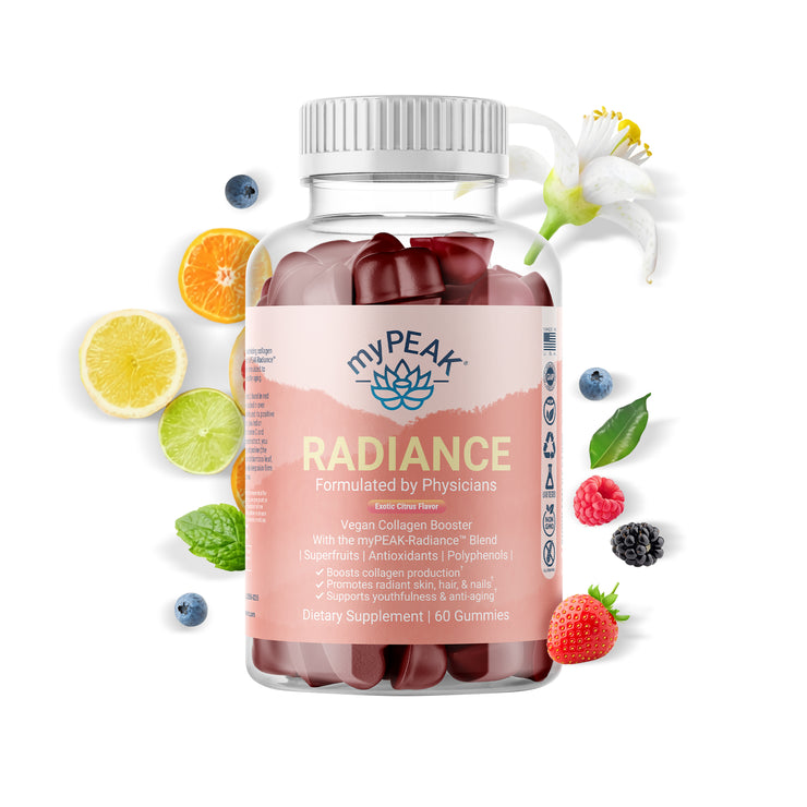 myPEAK Radiance: The Best Vegan Collagen Booster & Superfruits Gummies to Support Glowing Skin, Shining Healthy Hair, Strong Healthy Nails, Collagen Production, Anti-Aging & Skin Elasticity With Amla Fruit, Bamboo Silica, Resveratrol & Collagen Amino Acids.
