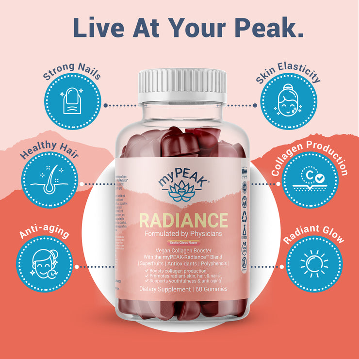 myPEAK Radiance: The Best Vegan Collagen Booster & Superfruits Gummies to Support Glowing Skin, Shining Healthy Hair, Strong Healthy Nails, Collagen Production, Anti-Aging & Skin Elasticity With Amla Fruit, Bamboo Silica, Resveratrol & Collagen Amino Acids Main Benefits.